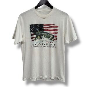Vintage Academy Sports and Outdoors Men's Distressed Stained‎ Bass Fish Shirt M